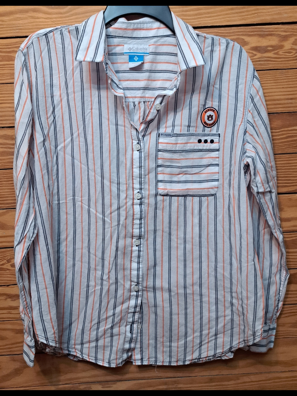 Columbia PGF Womens  Auburn White Shirt with Orange & Navy Stripes War Eagle